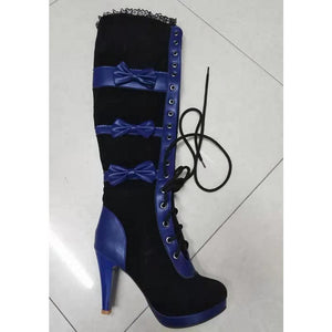 Women Fashion Bow Knot Lace Up Stiletto High Heel Boots