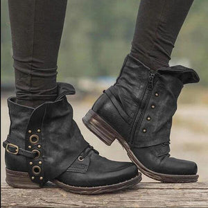 Women's chunky short motorcycle boots square toe retro ankle boots