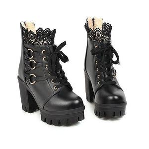 Women ankle flower hollow chunky heel platform lace up boots