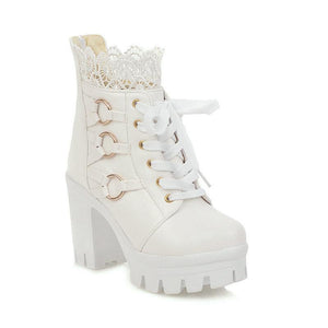 Women ankle flower hollow chunky heel platform lace up boots