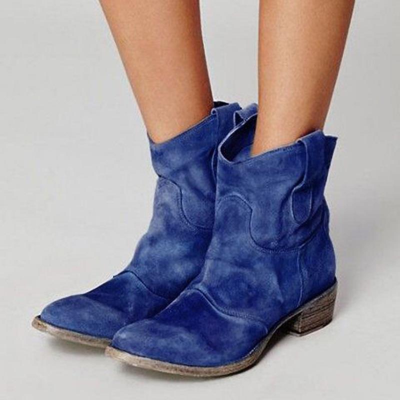 Retro pointed toe ankle boots suede low block heel boots