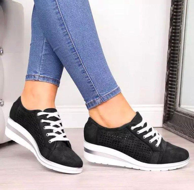 Women Fashion Lace Up Hollow Out Wedge Heel Sneakers - fashionshoeshouse