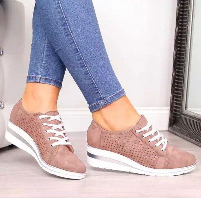 Women Fashion Lace Up Hollow Out Wedge Heel Sneakers - fashionshoeshouse