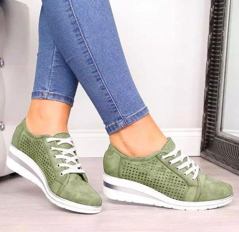 Women Fashion Lace Up Hollow Out Wedge Heel Sneakers - fashionshoeshouse