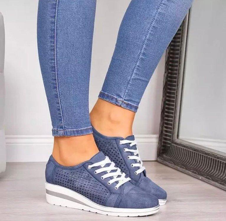 Women Fashion Lace Up Hollow Out Wedge Heel Sneakers - fashionshoeshouse