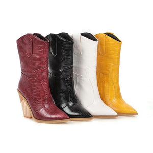 Women fashion stacked chunky heel pointed toe mid calf boots