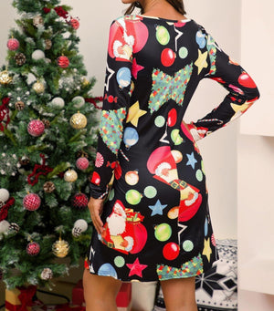 Women Premium Round Neck Long Sleeve Santa Claus Print Girls Christmas Dress - Getcomfyshoes