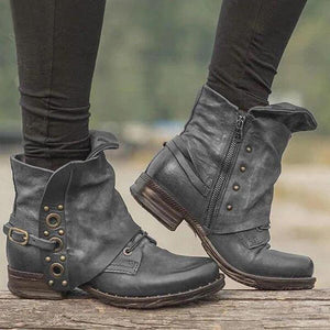 Women's chunky short motorcycle boots square toe retro ankle boots