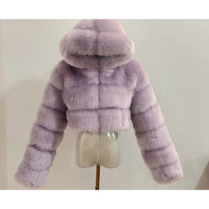 Women cropped hooded solid color long sleeve faux fur coat