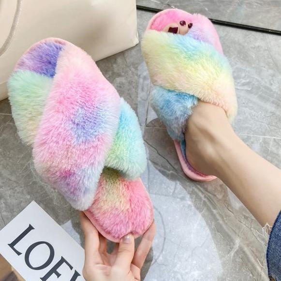 Fashion colorful tie dye criss cross slippers furry warm winter house shoes