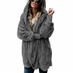 Women faux fur fleece hooded winter warm outerwear