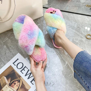Fashion colorful tie dye criss cross slippers furry warm winter house shoes