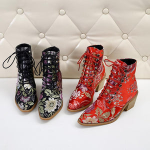 Retro embroidery lace-up ankle boots pointed toe block heel boots fashion ankle boots for women