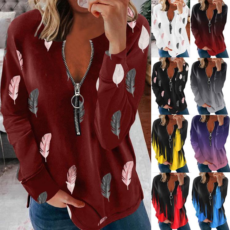 Women long sleeve printed casual zipper v neck t shirts