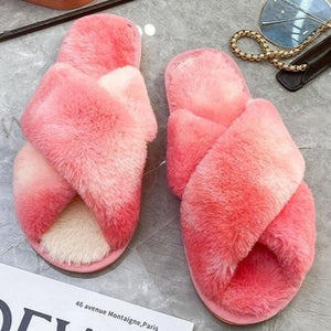Fashion colorful tie dye criss cross slippers furry warm winter house shoes