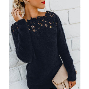 Women lace flower hollow solid color pullover sweater