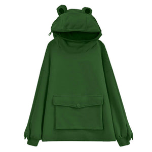 Women cute girl solid color frog hoodie sweatshirt with pocket