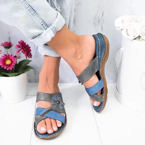 Flowers Slides Low Heel Slip On Flat Sandals - GetComfyShoes