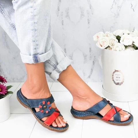 Flowers Slides Low Heel Slip On Flat Sandals - GetComfyShoes