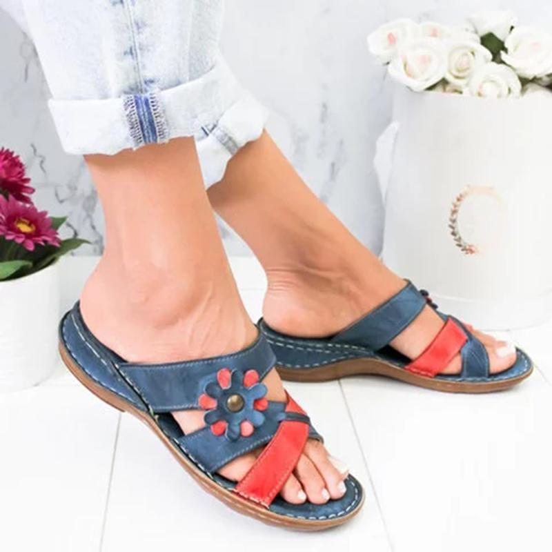 Flowers Slides Low Heel Slip On Flat Sandals - GetComfyShoes