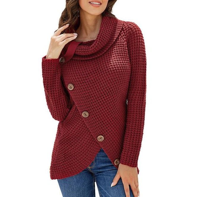 Asymmetrical Knit Buckles Turtle Neck Sweaters For Women