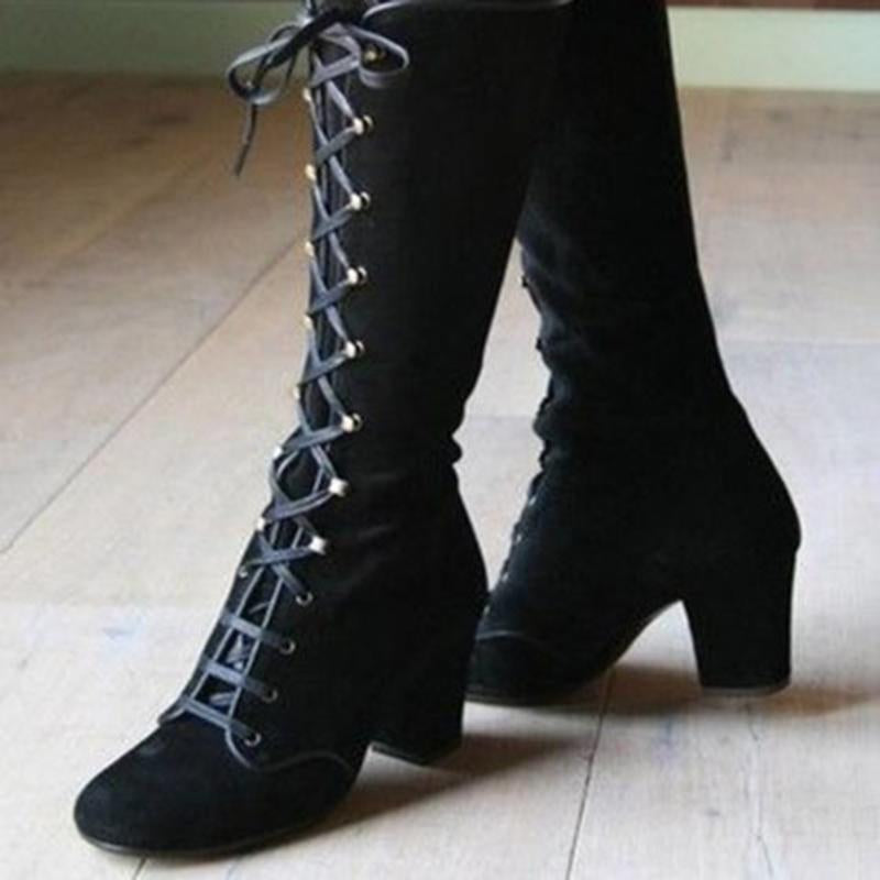 Heeled lace-up retro mid calf boots for women