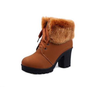Women High Heel Lace Up Lining Faux Fur Keep Warm Snow Boots