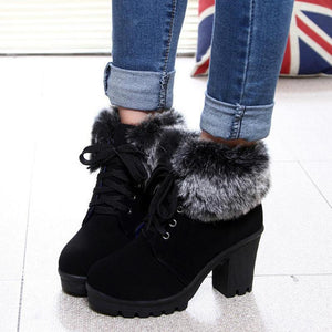Women High Heel Lace Up Lining Faux Fur Keep Warm Snow Boots