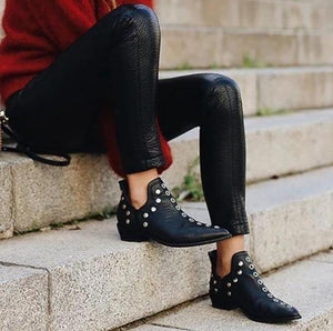 Women's vintage studded side slit ankle boots fashion pointed toe short boots