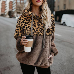 Women faux fur pullover leopard hoodie sweatshirt with pocket