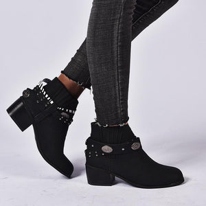 Ankle strap boots block heel ankle boots for women retro short boots
