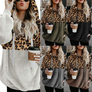Women faux fur pullover leopard hoodie sweatshirt with pocket
