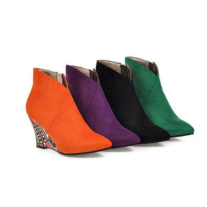 Women fashion v cut pointed toe side zipper ankle wedge boots
