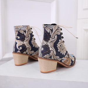 Retro lace-up ankle boots embroidered pointed toe boots Block heel booties