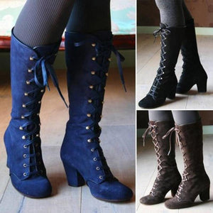 Heeled lace-up retro mid calf boots for women Lolita boots