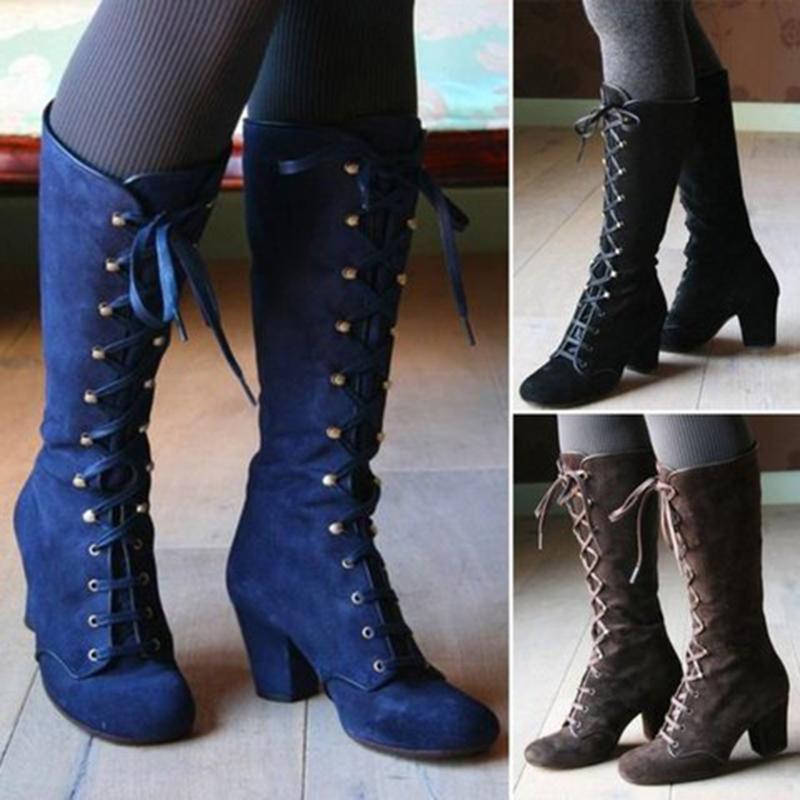 Women Fashion Chunky Lace Up Steampunk Gothic Vintage Style Retro Punk Boots - Getcomfyshoes