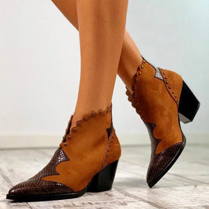 V-Cut pointed toe booties block heel ankle boots