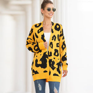 Women Cotton Blend Pockets Leopard Cardigan
