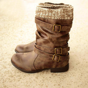 Women's sweater cuff mid calf boots low heel slouch boots