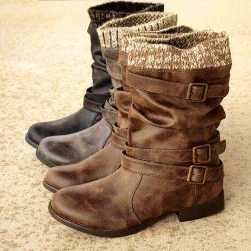 Women's sweater cuff mid calf boots low heel slouch boots