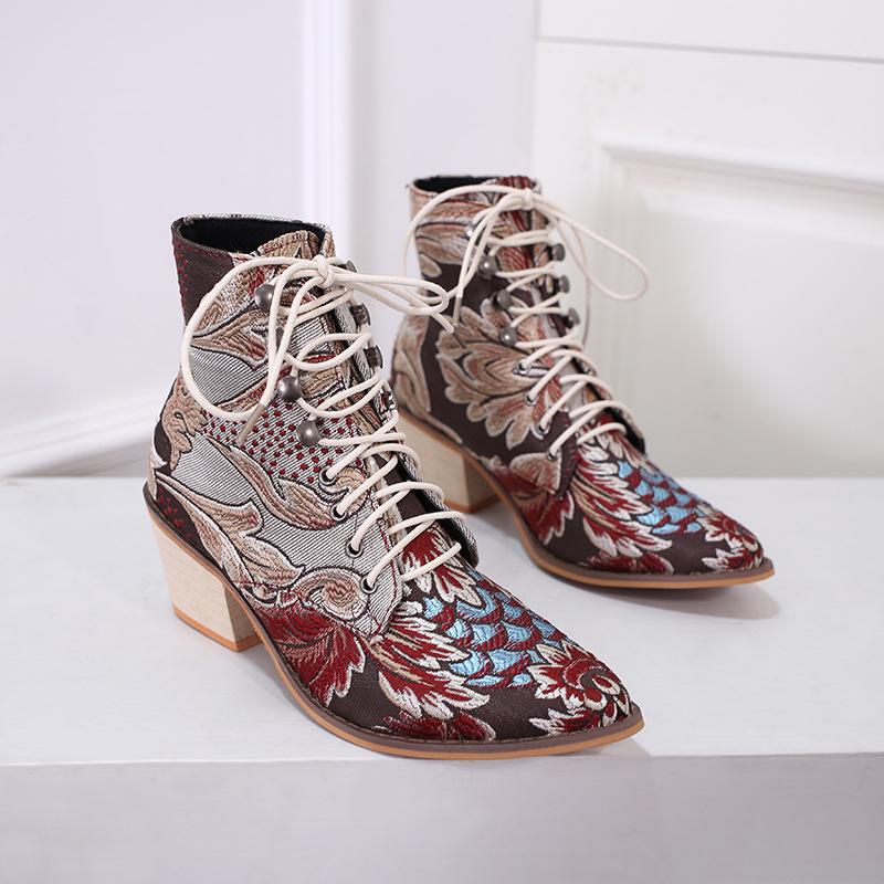 Retro lace-up ankle boots embroidered pointed toe boots Block heel booties