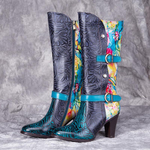 Women colorful printed leather block heel knee high boots