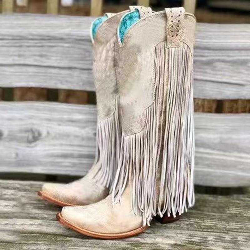 Women's knee high fringe boots pointed toe retro cowboy boots with tassels
