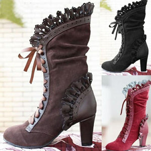 Women's ruffle trim mid calf boots heeled retro lace-up boots