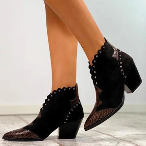 V-Cut pointed toe booties block heel ankle boots