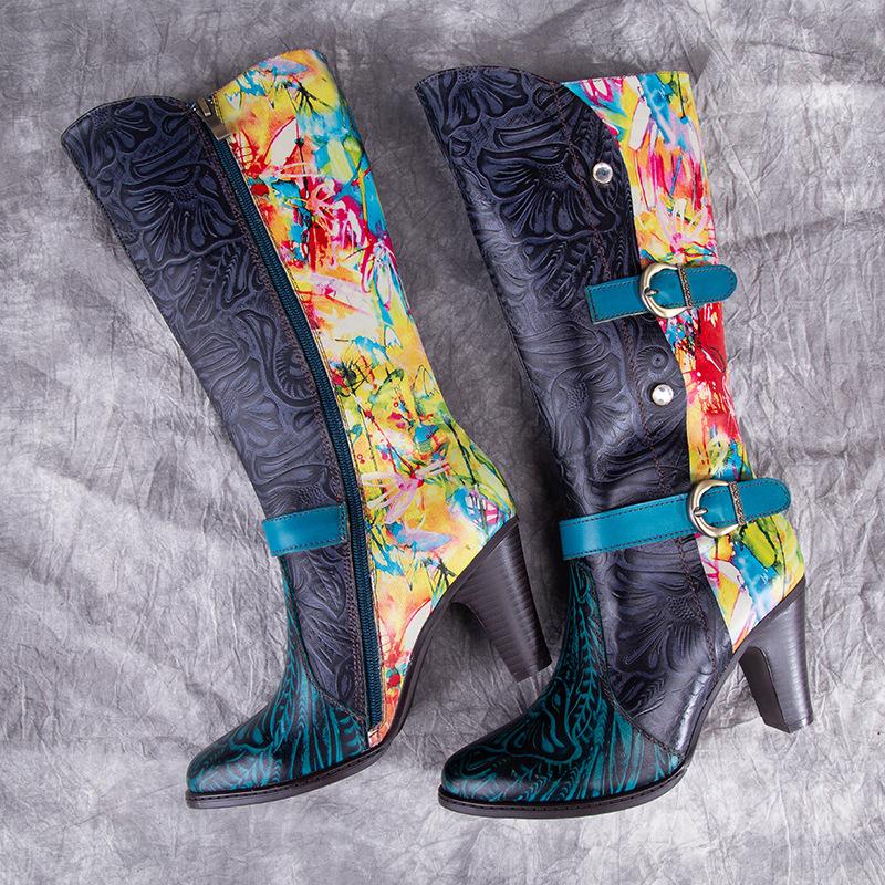 Women colorful printed leather block heel knee high boots