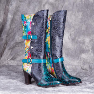 Women colorful printed leather block heel knee high boots