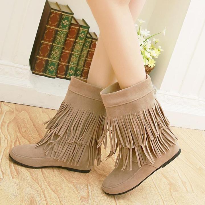 Women fringe solid color round toe short flat boots