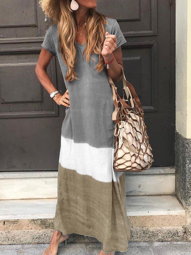 Women Color Block V Neck Linen Short Sleeve Maxi Dress - fashionshoeshouse
