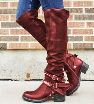 Womne's motorcycle boots Knee high buckle boots retro tall boots